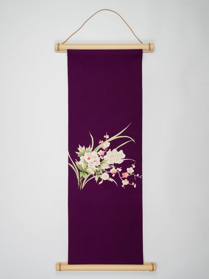 Japanese ceremonial silk wall tapestry with white peonies on imperial purple — Renaras atelier