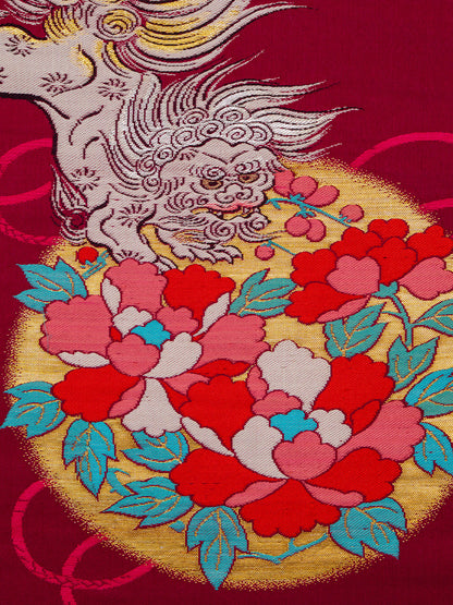 Japanese ceremonial silk wall tapestry with Karajishi guardian lion in crimson and gold — Renaras atelier