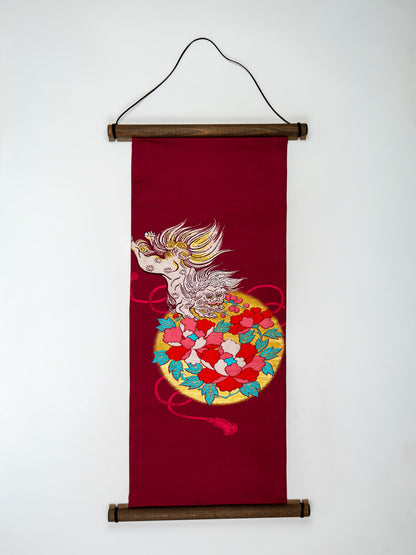 Japanese ceremonial silk wall tapestry with Karajishi guardian lion in crimson and gold — Renaras atelier