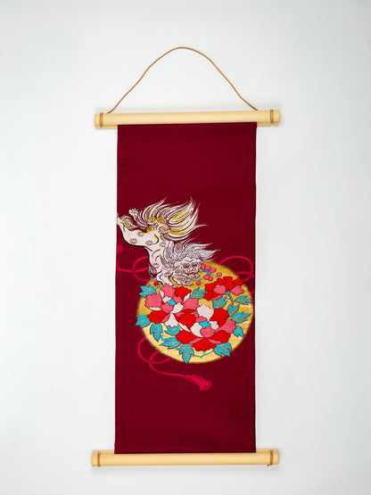Japanese ceremonial silk wall tapestry with Karajishi guardian lion in crimson and gold — Renaras atelier