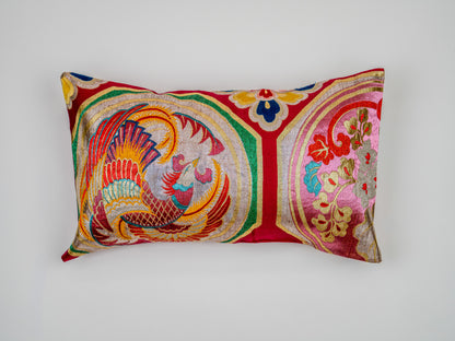 Japanese ceremonial silk lumbar pillow with hōō phoenix in fuchsia and gold — Renaras atelier