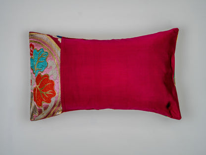 Japanese ceremonial silk lumbar pillow with hōō phoenix in fuchsia and gold — Renaras atelier