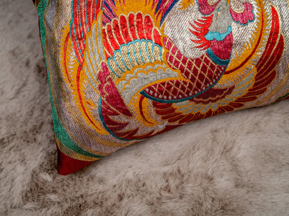 Japanese ceremonial silk lumbar pillow with hōō phoenix in fuchsia and gold — Renaras atelier