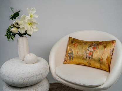 Japanese ceremonial silk lumbar pillow with gilded sensu fan motif in gold and multicolour — Renaras atelier