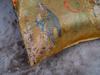 Japanese ceremonial silk lumbar pillow with gilded sensu fan motif in gold and multicolour — Renaras atelier