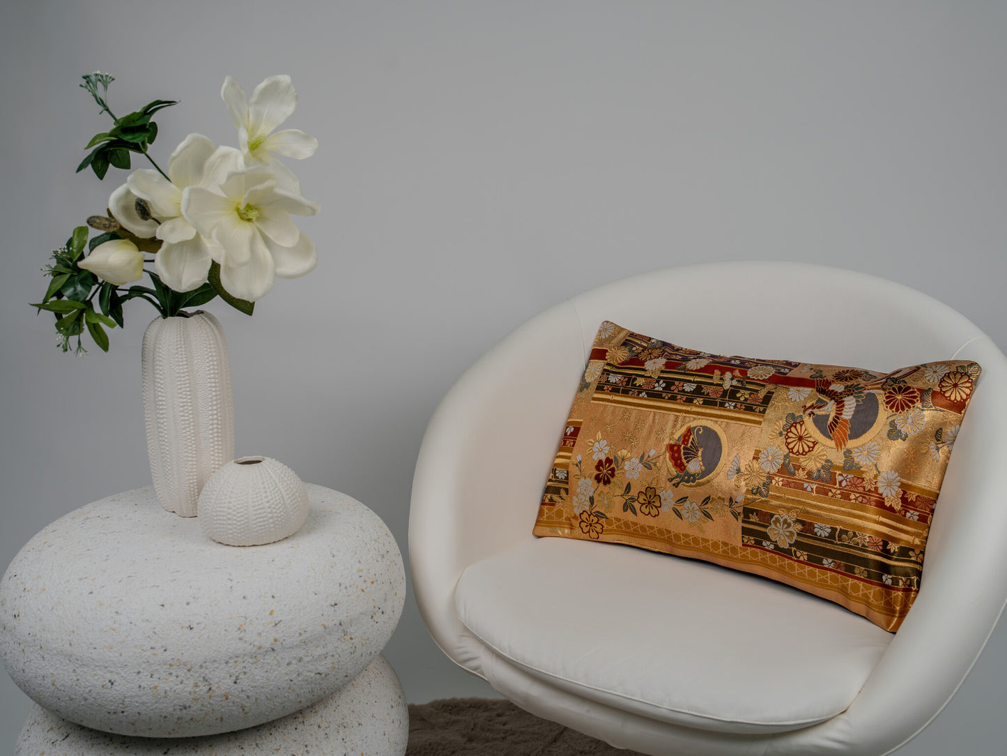 Japanese ceremonial silk lumbar pillow with hōō phoenix, butterfly and chrysanthemum motif in gold and crimson — Renaras atelier
