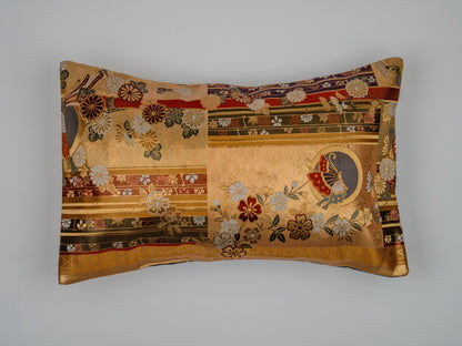 Japanese ceremonial silk lumbar pillow with hōō phoenix, butterfly and chrysanthemum motif in gold and crimson — Renaras atelier