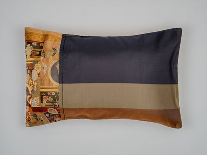 Japanese ceremonial silk lumbar pillow with hōō phoenix, butterfly and chrysanthemum motif in gold and crimson — Renaras atelier