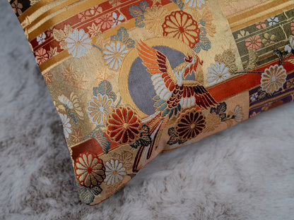 Japanese ceremonial silk lumbar pillow with hōō phoenix, butterfly and chrysanthemum motif in gold and crimson — Renaras atelier