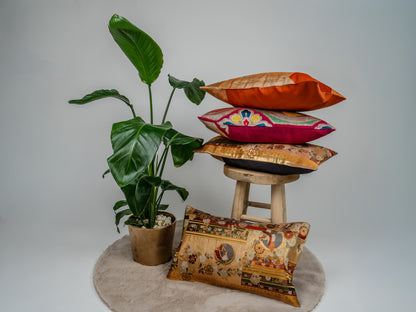 Japanese ceremonial silk lumbar pillow with hōō phoenix, butterfly and chrysanthemum motif in gold and crimson — Renaras atelier