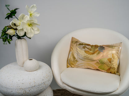Japanese ceremonial silk lumbar pillow with hōō phoenix and paulownia in champagne and gold — Renaras atelier