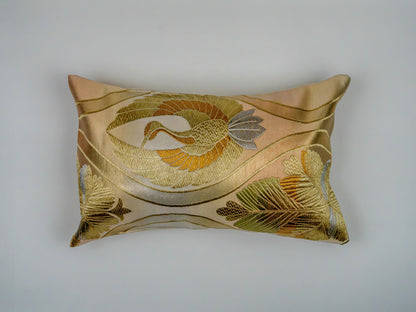 Japanese ceremonial silk lumbar pillow with hōō phoenix and paulownia in champagne and gold — Renaras atelier