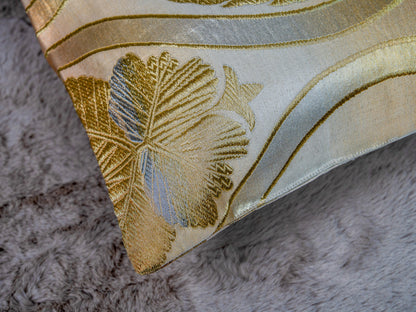 Japanese ceremonial silk lumbar pillow with hōō phoenix and paulownia in champagne and gold — Renaras atelier