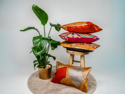 Japanese ceremonial silk lumbar pillow with herringbone chevron in persimmon and silver — Renaras atelier