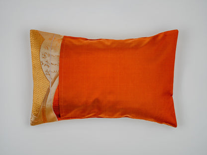 Japanese ceremonial silk lumbar pillow with herringbone chevron in persimmon and silver — Renaras atelier