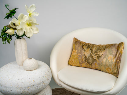 Japanese ceremonial silk lumbar pillow with Mount Fuji landscape in gold and silver — Renaras atelier