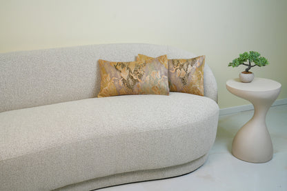 Japanese ceremonial silk lumbar pillow with Mount Fuji landscape in gold and silver — Renaras atelier