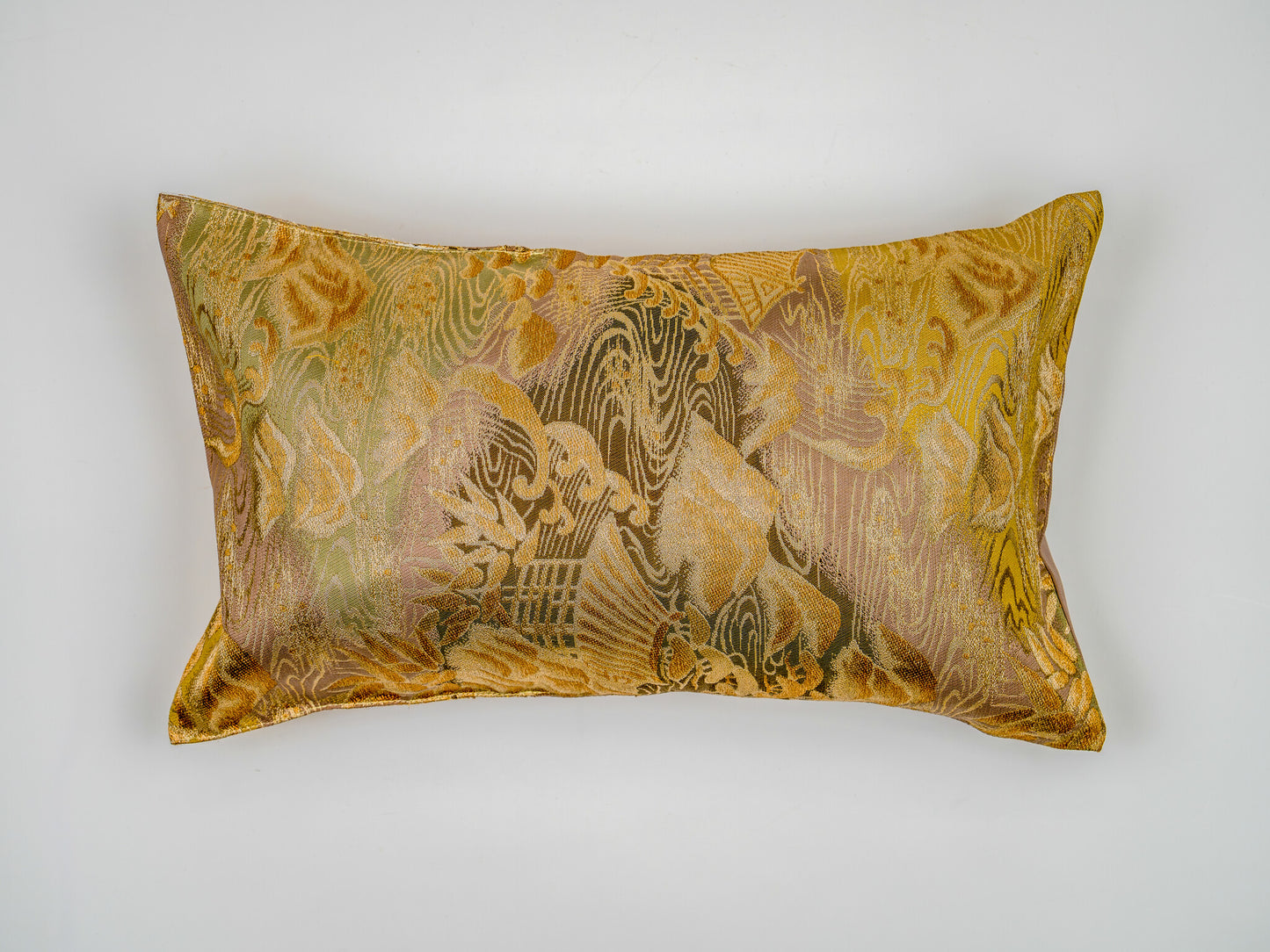 Renaras The Ethereal Fuji Dawn — Japanese Silk Lumbar Pillow, Gold & Silver Mt. Fuji Obi — Japanese silk pillow cover