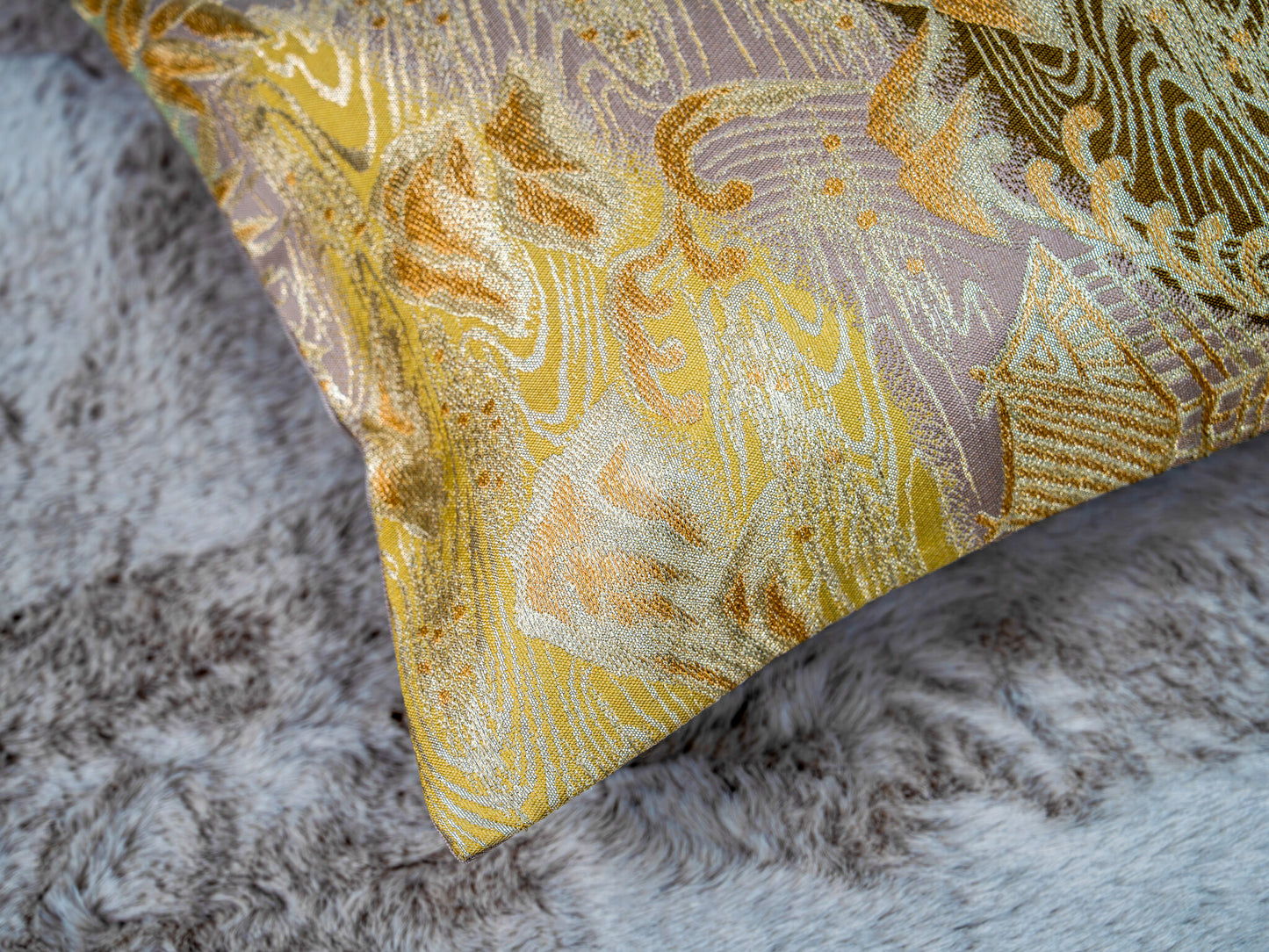 Renaras The Ethereal Fuji Dawn — Japanese Silk Lumbar Pillow, Gold & Silver Mt. Fuji Obi — Japanese silk pillow cover detail