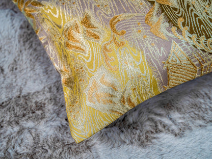 Japanese ceremonial silk lumbar pillow with Mount Fuji landscape in gold and silver — Renaras atelier