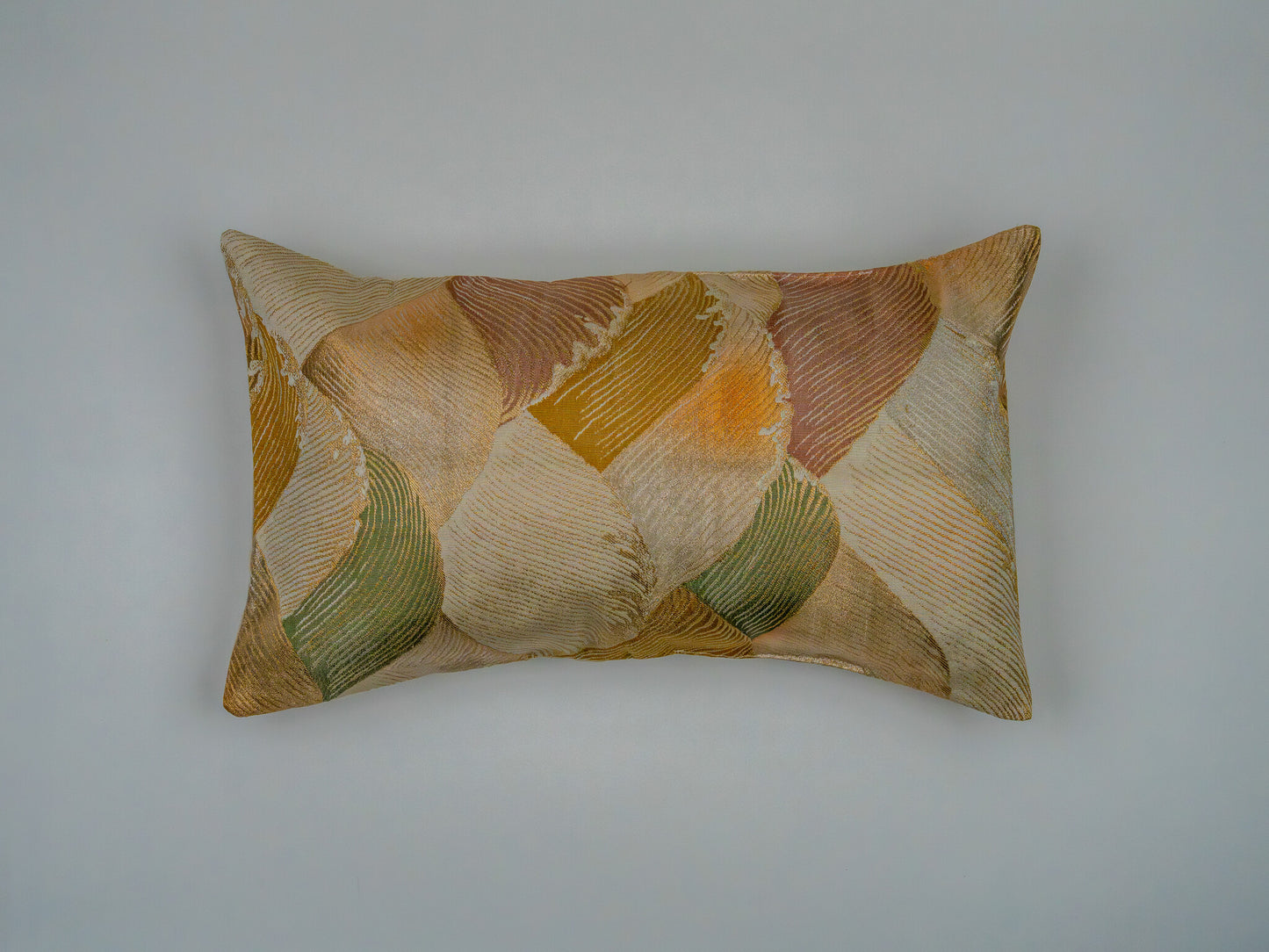 Japanese ceremonial silk lumbar pillow with wave motif in muted green and gold — Renaras atelier