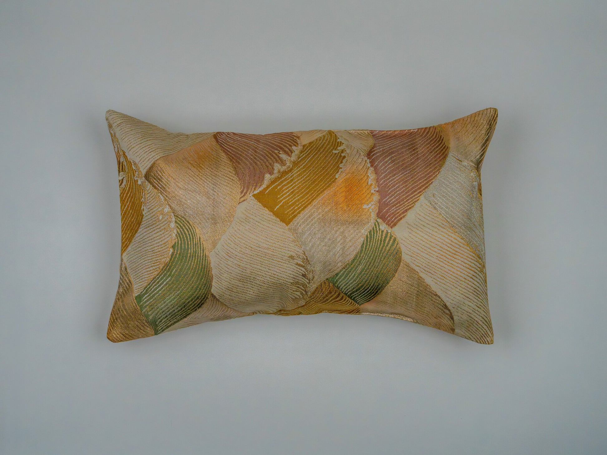 Japanese ceremonial silk lumbar pillow with wave motif in muted green and gold — Renaras atelier