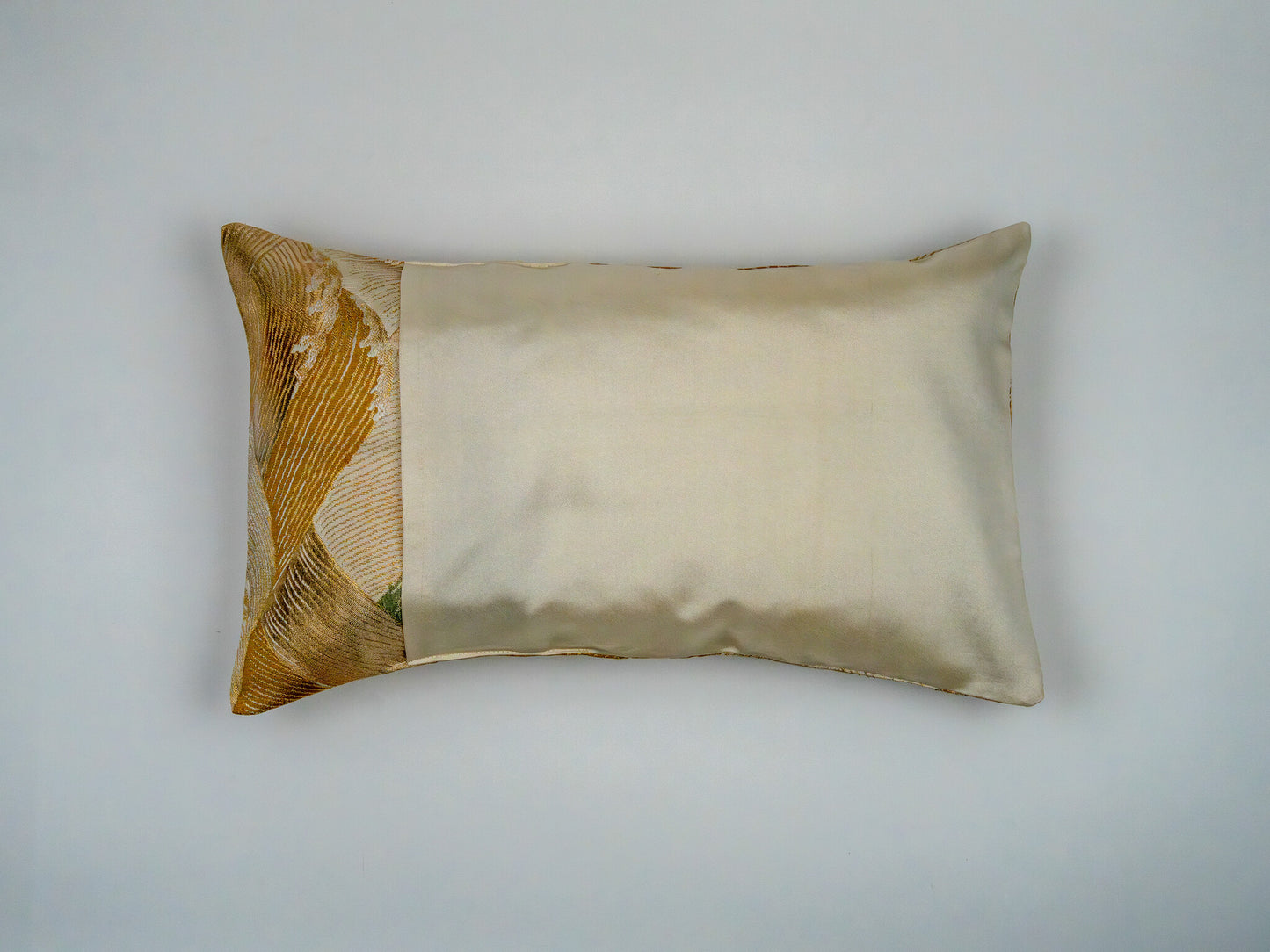 Japanese ceremonial silk lumbar pillow with wave motif in muted green and gold — Renaras atelier