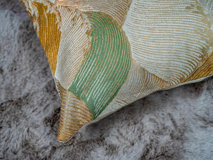 Japanese ceremonial silk lumbar pillow with wave motif in muted green and gold — Renaras atelier