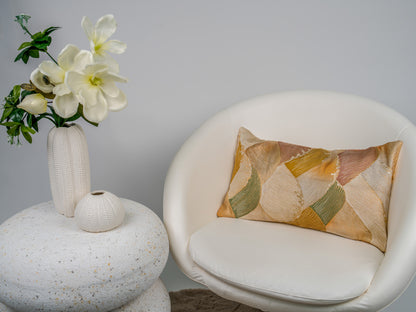 Japanese ceremonial silk lumbar pillow with wave motif in muted green and gold — Renaras atelier