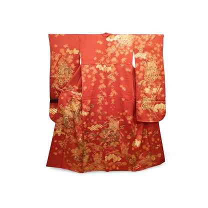 Japanese ceremonial silk Furisode in vermilion with Imperial Carriage gold embroidery — Renaras atelier