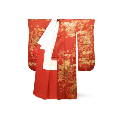 Japanese ceremonial silk Furisode in vermilion with Imperial Carriage gold embroidery — Renaras atelier