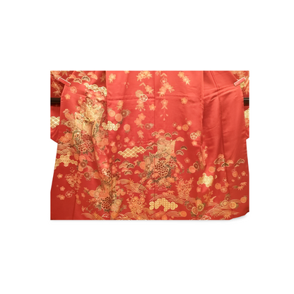 Japanese ceremonial silk Furisode in vermilion with Imperial Carriage gold embroidery — Renaras atelier