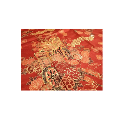 Japanese ceremonial silk Furisode in vermilion with Imperial Carriage gold embroidery — Renaras atelier