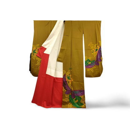 Japanese ceremonial silk Furisode with butterflies in ochre and amethyst — Renaras atelier
