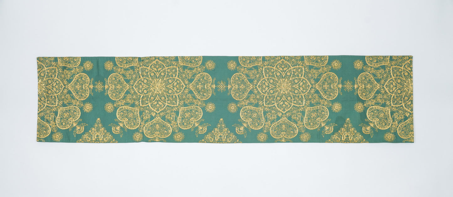 Japanese ceremonial silk table runner with karakusa mandala in jade and gold — Renaras atelier