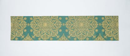 Japanese ceremonial silk table runner with karakusa mandala in jade and gold — Renaras atelier