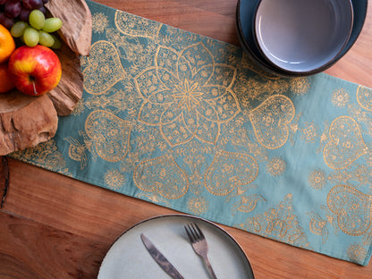 Japanese ceremonial silk table runner with karakusa mandala in jade and gold — Renaras atelier