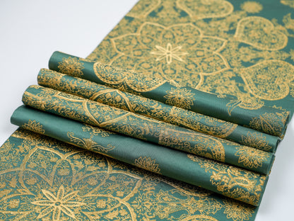 Japanese ceremonial silk table runner with karakusa mandala in jade and gold — Renaras atelier