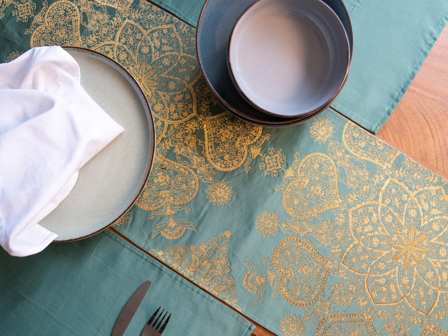 Japanese ceremonial silk table runner with karakusa mandala in jade and gold — Renaras atelier