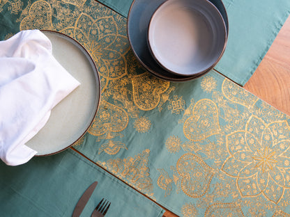 Japanese ceremonial silk table runner with karakusa mandala in jade and gold — Renaras atelier