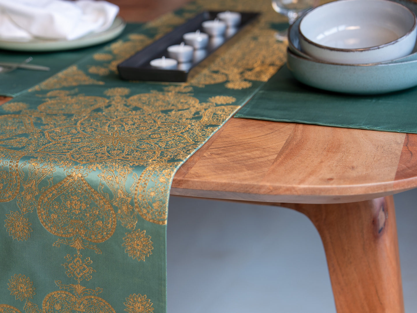 Japanese ceremonial silk placemat in deep hisui celadon jade — Renaras atelier
