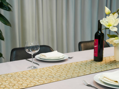 Japanese ceremonial silk table runner with hexagon and diamond lattice in platinum and champagne — Renaras atelier
