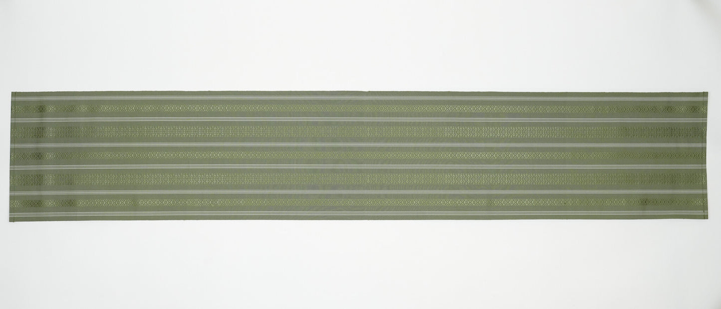 Japanese ceremonial silk table runner with vertical stripe in green and silver — Renaras atelier