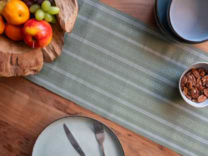 Japanese ceremonial silk table runner with vertical stripe in green and silver — Renaras atelier