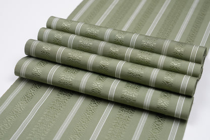 Japanese ceremonial silk table runner with vertical stripe in green and silver — Renaras atelier