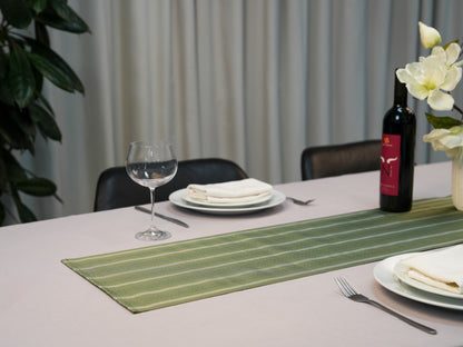 Japanese ceremonial silk table runner with vertical stripe in green and silver — Renaras atelier