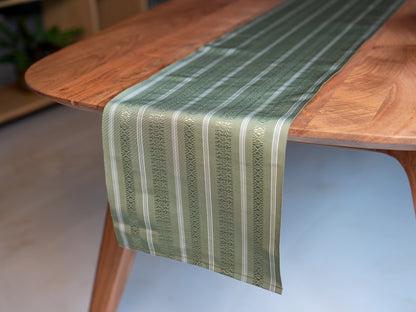 Japanese ceremonial silk table runner with vertical stripe in green and silver — Renaras atelier