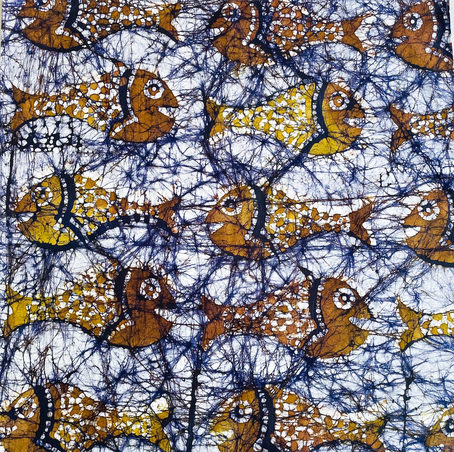 Cotton Furoshiki – The Shoal, Fish in Ochre and Indigo