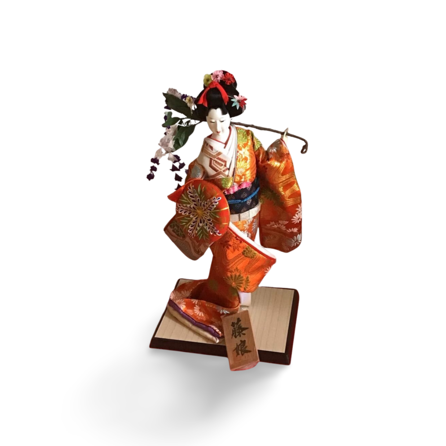 Japanese Fujimusume ningyō by Aiho in persimmon and gold brocade — Renaras atelier