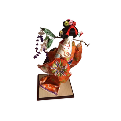 Japanese Fujimusume ningyō by Aiho in persimmon and gold brocade — Renaras atelier